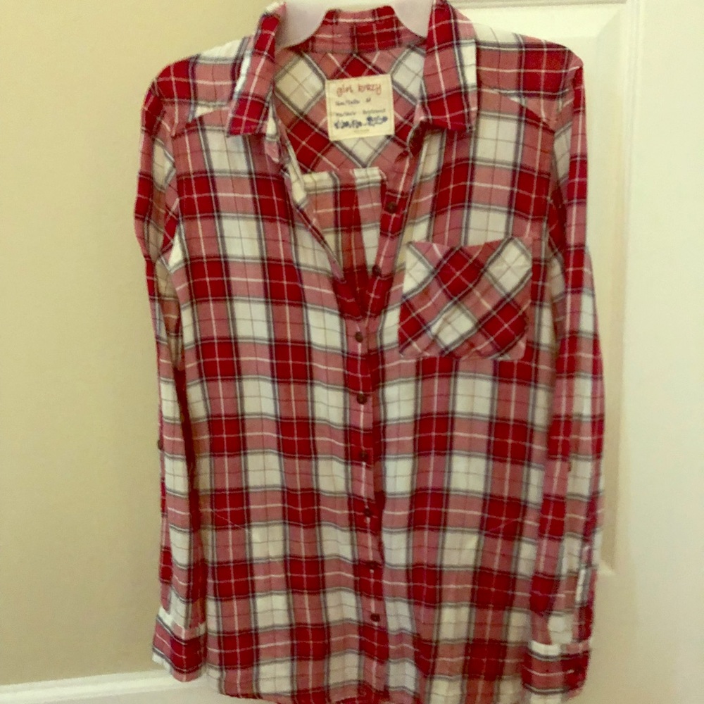 Red and white plaid button down